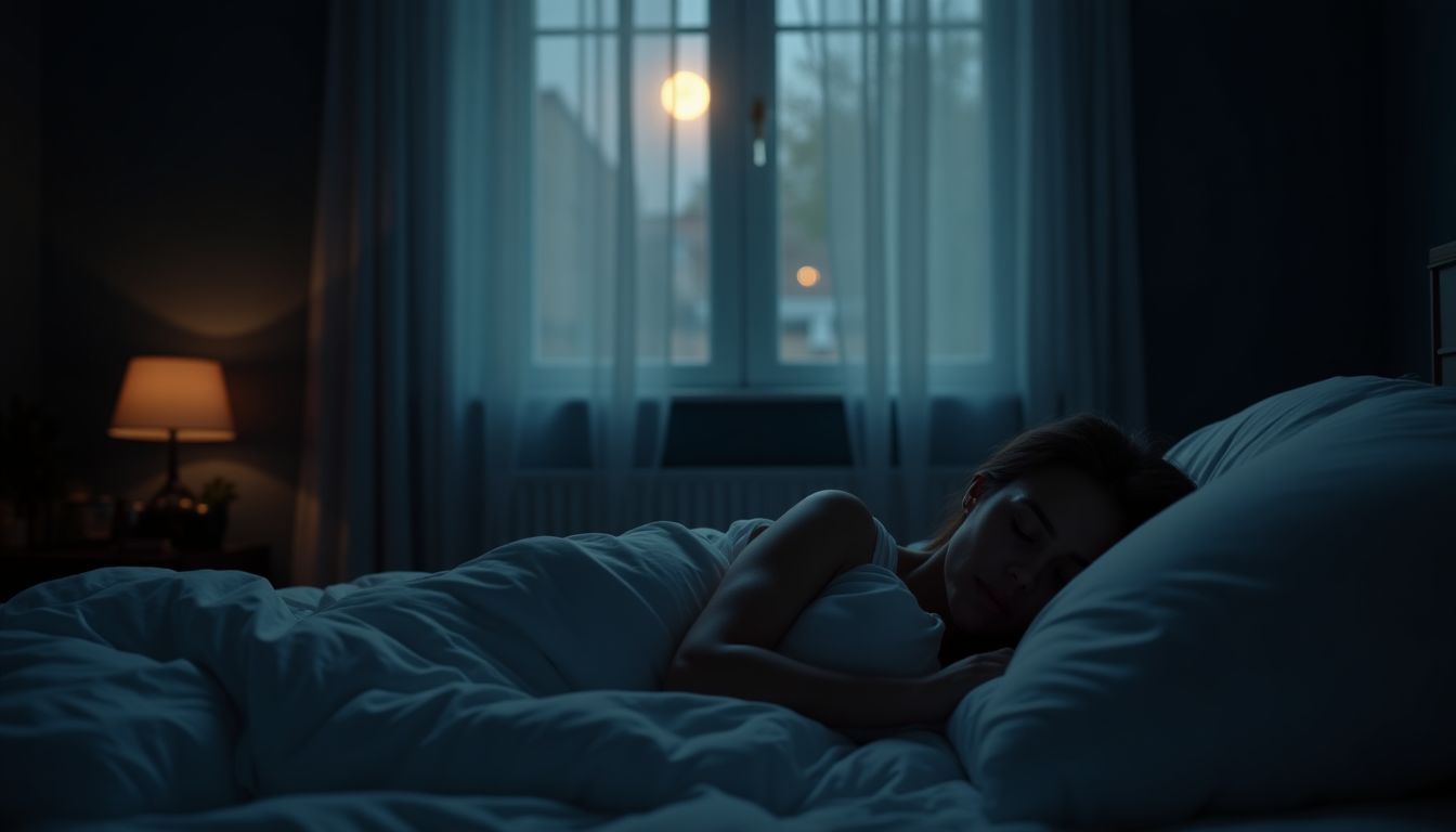 A peaceful sleeping figure under a crescent moon — falling asleep help