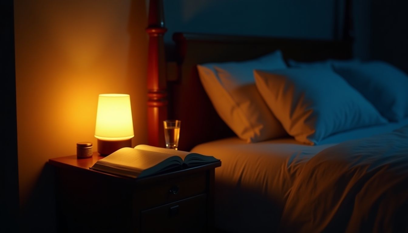 A moonlit bedside lamp beside a book — sleep problem guidance