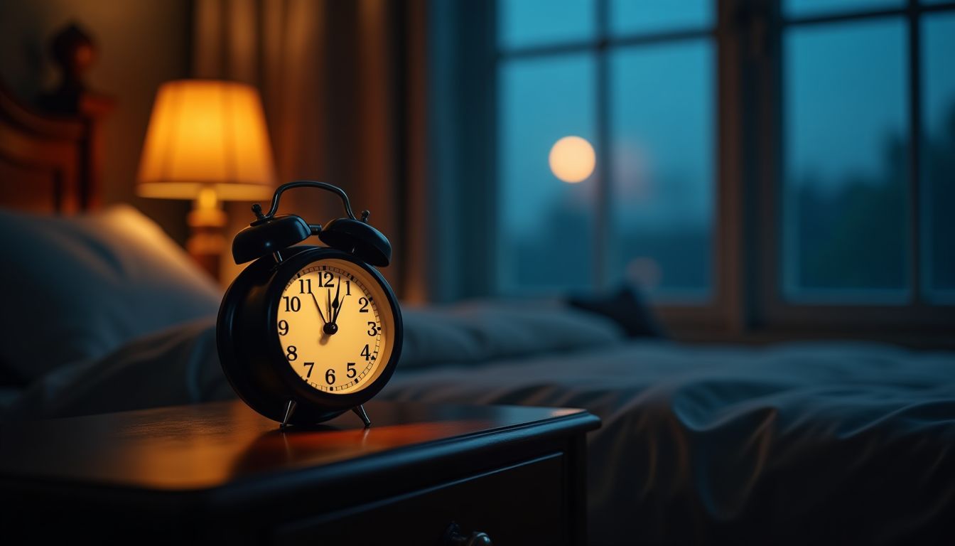 A calm dark bedroom with a glowing moon through the window — sleep schedule guide